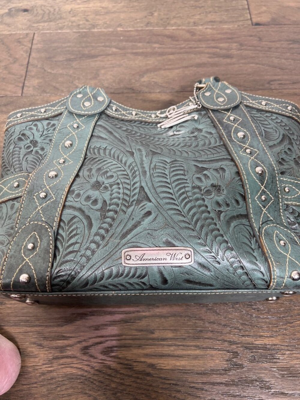 AMERICAN WEST Double Handle Tooled Leather Floral Design Bag Sage EUC - Picture 3 of 11